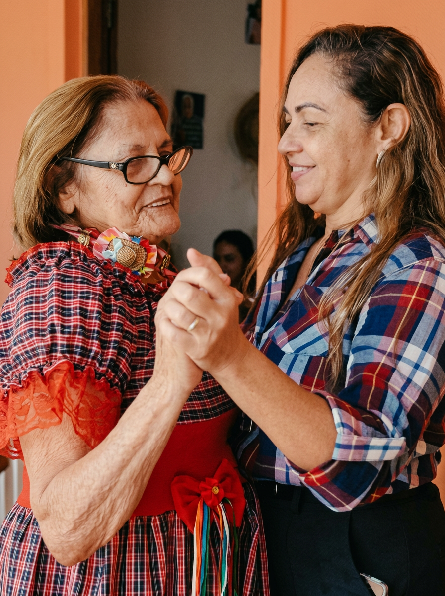 Cuidadora dançando de mãos dadas com uma idosa sorridente no Residencial Aconchego